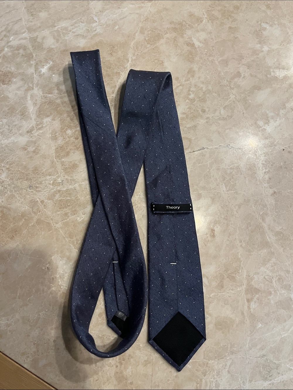 Theory Navy Blue Silk Tie with White Micro-Dots